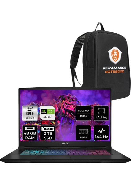 Msı Katana 17 Intel Core I9 13900H 48GB 2tb SSD RTX4070/8GB 17.3" Fhd 144Hz Fdos Taşınabilir Bilgisayar B13VGK-1242XTR & Per4 Çanta B13VGK1242XTRP329