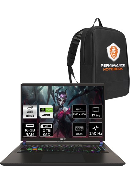 Msı Vector 17 Hx Intel Core I9 14900HX 16GB 2tb SSD RTX4090/16 17" Qhd+ 240Hz Fdos Taşınabilir Bilgisayar A14VIG-879XTR & Per4 Çanta A14VIG879XTRP309