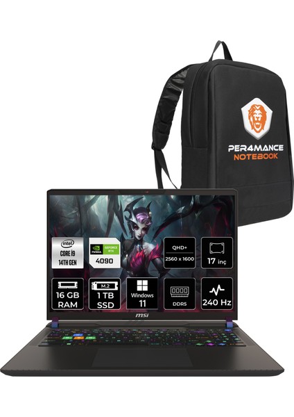 Msı Vector 17 Hx Intel Core I9 14900HX 16GB 1tb SSD RTX4090/16 17" Qhd+ 240Hz W11P Taşınabilir Bilgisayar A14VIG-879XTR & Per4 Çanta A14VIG879XTRP388