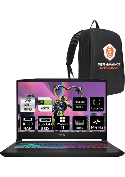 Msı Katana 15 Intel Core I7 13620H 16GB 256GB SSD RTX4070/8GB 15.6" Fhd 144Hz W11P Taşınabilir Bilgisayar B13VGK-2023XTR & Per4 Çanta B13VGK2023XTRP386