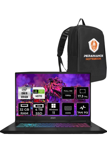 Msı Katana 17 Intel Core I9 13900H 32GB 4tb SSD RTX4070/8GB 17.3" Fhd 144Hz W11H Taşınabilir Bilgisayar B13VGK-1242XTR & Per4 Çanta B13VGK1242XTRP360