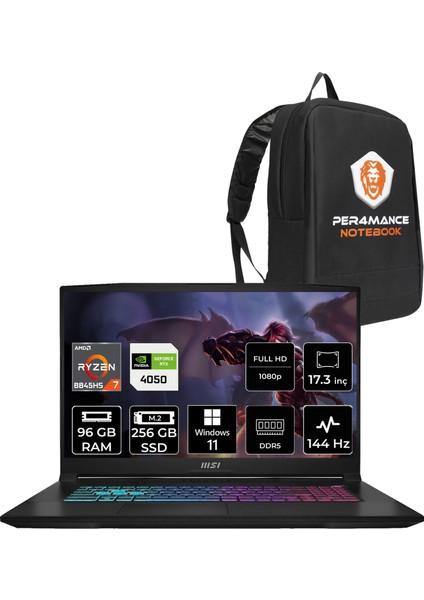 Msı Katana A17 Aı Amd Ryzen 7 8845HS 96GB 256GB SSD RTX4050/6GB 17.3" Fhd 144Hz W11H Taşınabilir Bilgisayar B8VE-853XTR & Per4 Çanta B8VE853XTRP376