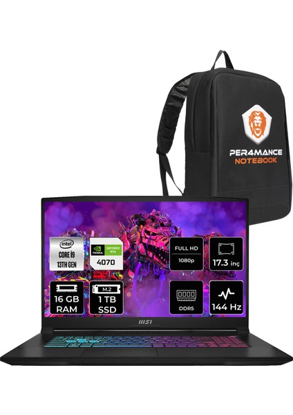 Msı Katana 17 Intel Core I9 13900H 16GB 1tb SSD RTX4070/8GB 17.3" Fhd 144Hz Fdos Taşınabilir Bilgisayar B13VGK-1242XTR & Per4 Çanta B13VGK1242XTRP308