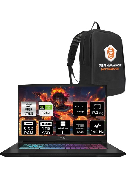 Msı Katana 17 Intel Core I7 13620H 8gb 1tb SSD RTX4060/8GB 17.3" Fhd 144Hz W11H Taşınabilir Bilgisayar B13VFK-1037XTR & Per4 Çanta B13VFK1037XTRP343