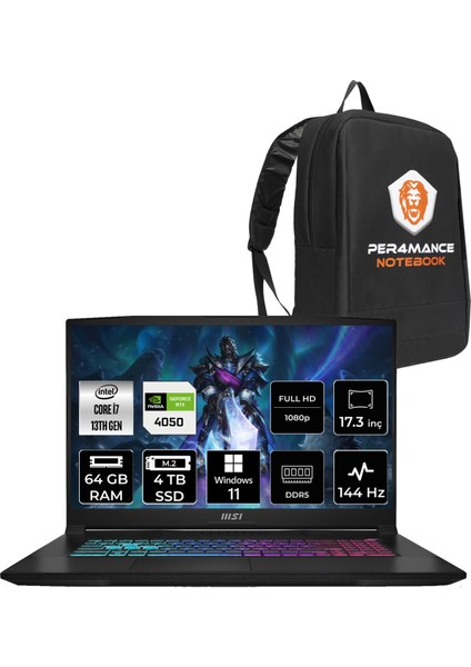 Msı Katana 17 Intel Core I7 13620H 64GB 4tb SSD RTX4050/6GB 17.3" Fhd 144Hz W11P Taşınabilir Bilgisayar B13VEK-1036XTR & Per4 Çanta B13VEK1036XTRP415