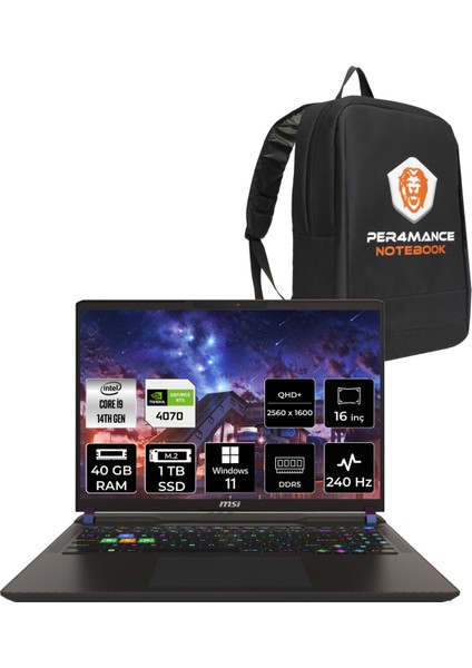 Msı Vector 16 Hx Intel Core I9 14900HX 40GB 1tb SSD RTX4070/8GB 16" Qhd+ 240Hz W11P Taşınabilir Bilgisayar A14VGG-271TR & Per4 Çanta A14VGG271TRP363