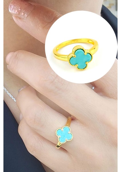 Amazonit Taş Detaylı 925AYAR Gümüş Üzerine Altın Kaplama Italyan Tasarımı Yonca Yüzük