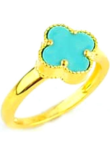 Amazonit Taş Detaylı 925AYAR Gümüş Üzerine Altın Kaplama Italyan Tasarımı Yonca Yüzük modelleri