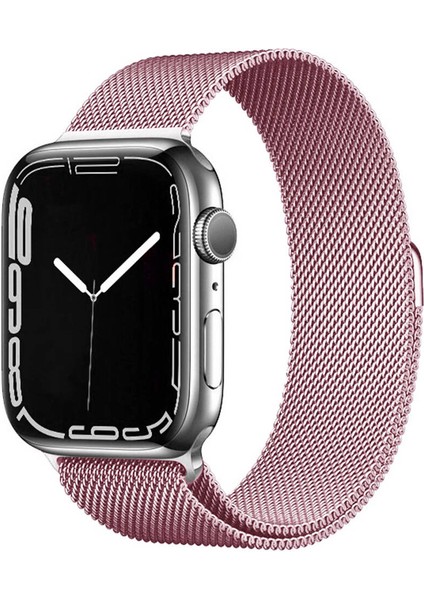 Apple Watch 42MM Uyumlu Kordon Hasır Metal Mıknatıslı Band-01 Kayış, Pembe