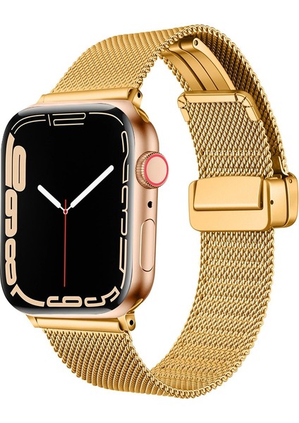 Apple Watch 7 45MM Uyumlu Kordon Hasır Metal Mıknatıs Tokalı Krd-85 Kayış, Gold