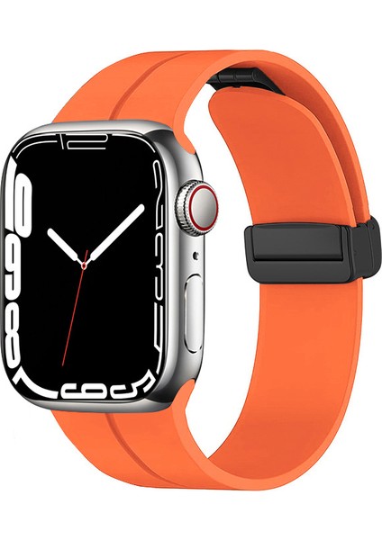 Apple Watch 7 41MM Uyumlu Kordon Silikon Metal Mıknatıslı Toka Krd-84 Kayış, Turuncu