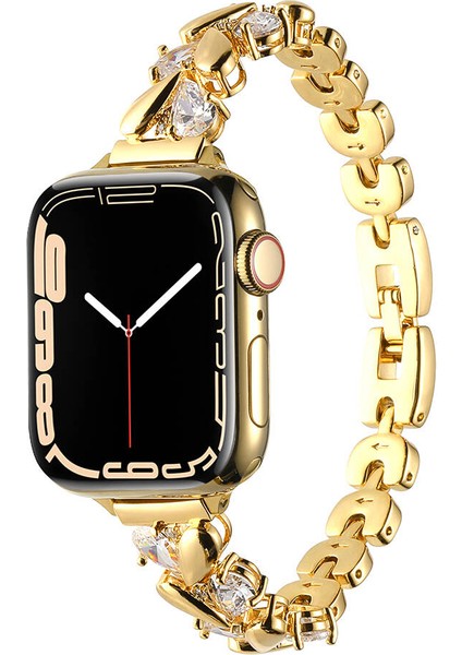 Apple Watch Ultra 49MM Uyumlu Kordon Metal Taşlı Luxury Paslanmaz KRD-103 Kayış, Gold