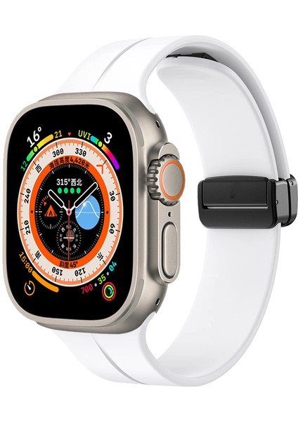 Apple Watch Ultra 49MM Uyumlu Kordon Silikon Metal Mıknatıslı Toka Krd-84 Kayış, Beyaz