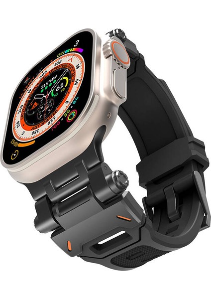 Apple Watch Ultra 49MM Uyumlu Kordon Metal Başlıklı Silikon KRD-108 Kayış, Siyah