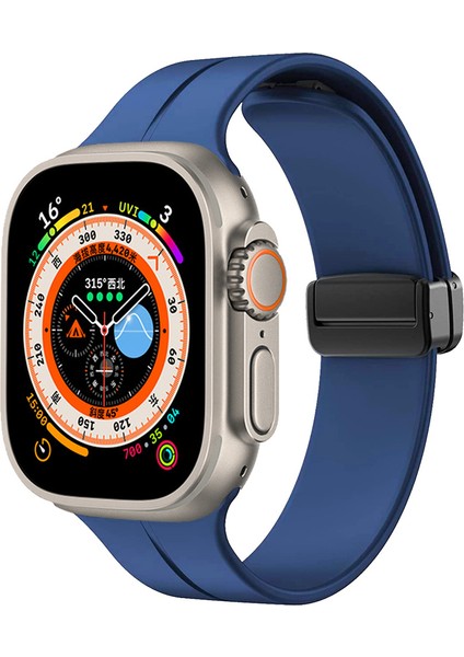Apple Watch Ultra 49MM Uyumlu Kordon Silikon Metal Mıknatıslı Toka Krd-84 Kayış, Mavi