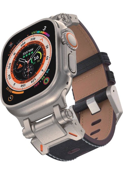 Apple Watch Ultra 49MM Uyumlu Kordon Suni Deri Metal Başlıklı KRD-114 Kayış, Siyah