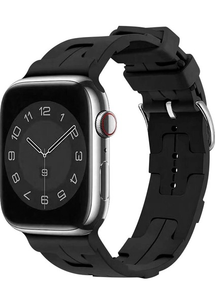 Apple Watch 44MM Uyumlu Kordon Silikon Yumuşak Esnek Metal Klipsli Krd-92 Kayış, Siyah