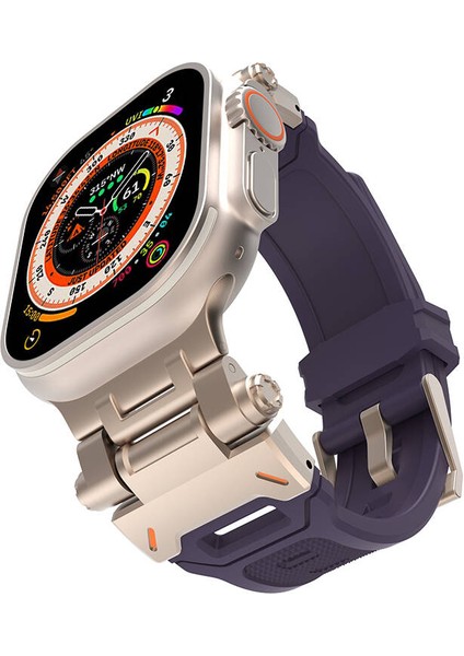 Apple Watch 44MM Uyumlu Kordon Metal Başlıklı Silikon KRD-108 Kayış, Starlight Purple