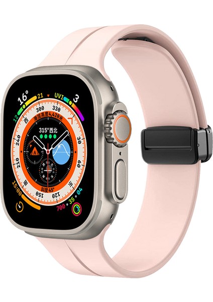 Apple Watch Ultra 49MM Uyumlu Kordon Silikon Metal Mıknatıslı Toka Krd-84 Kayış, Pembe