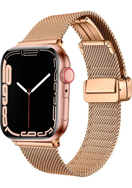 Apple Watch 7 45MM Uyumlu Kordon Hasır Metal Mıknatıs Tokalı Krd-85 Kayış, Rose Gold
