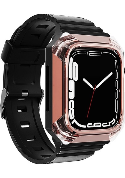 Apple Watch 7 45MM Uyumlu Krd-88 Sert Pc Kasa Koruyuculu Silikon Kordon, Rose Gold