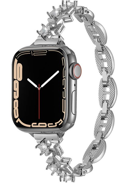 Apple Watch 7 45MM Uyumlu Kordon Metal Şık Luxury Tasarım KRD-104 Kayış, Gümüş