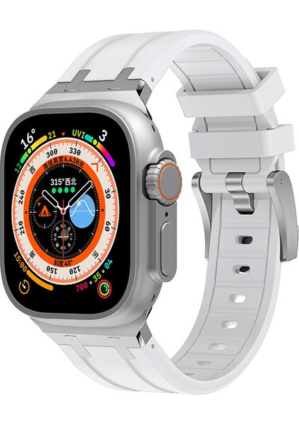 Apple Watch 44MM Uyumlu Kordon Silikon Metal Tokalı Soft Yüzey Krd-89 Kayış, Beyaz