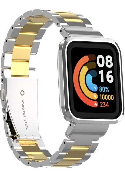 Xiaomi Redmi Watch (Mi Watch Lite) Uyumlu Kordon Paslanmaz Metal Baklalı Klipsli Zore Krd-60 Kayış, Gümüş-Gold