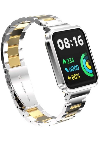 Xiaomi Redmi Watch 2 Lite Uyumlu Kordon Paslanmaz Metal Baklalı Klipsli Zore Krd-60 Kayış, Gümüş-Gold