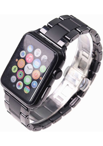 Apple Watch Ultra 49MM Uyumlu Kordon Mat Seramik Metal Strap Kayış, Parlak Siyah