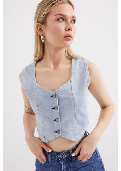 6797 Crop Kot Yelek - Mavi