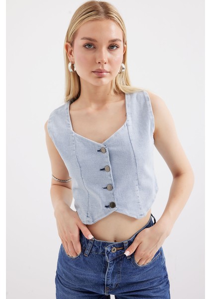 6797 Crop Kot Yelek - Mavi fırsatları