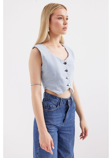 6797 Crop Kot Yelek - Mavi fiyatları