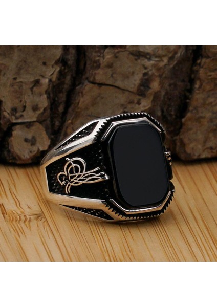Siyah Oniks Taşlı Osmanlı Tuğra Detaylı 925 Ayar Gümüş Erkek Yüzük
