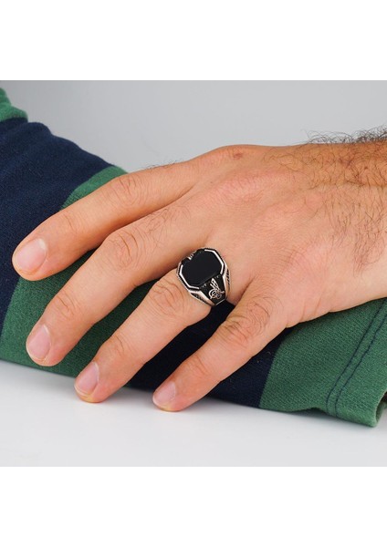 Siyah Oniks Taşlı Osmanlı Tuğra Detaylı 925 Ayar Gümüş Erkek Yüzük fiyatları