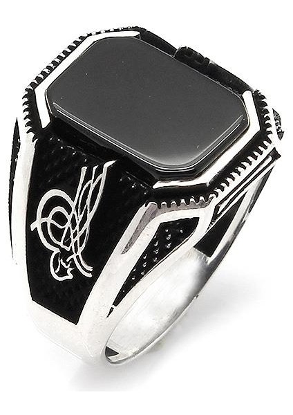 Siyah Oniks Taşlı Osmanlı Tuğra Detaylı 925 Ayar Gümüş Erkek Yüzük modelleri