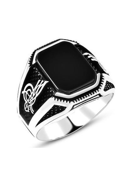 Siyah Oniks Taşlı Osmanlı Tuğra Detaylı 925 Ayar Gümüş Erkek Yüzük fırsatları