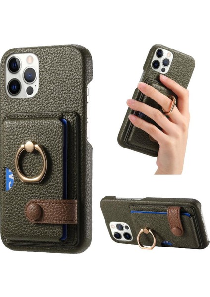 IPhone 12 Için Kılıf Pro Max Halka Standı Premium Dokulu Deri Kart Yuvaları (Yurt Dışından)