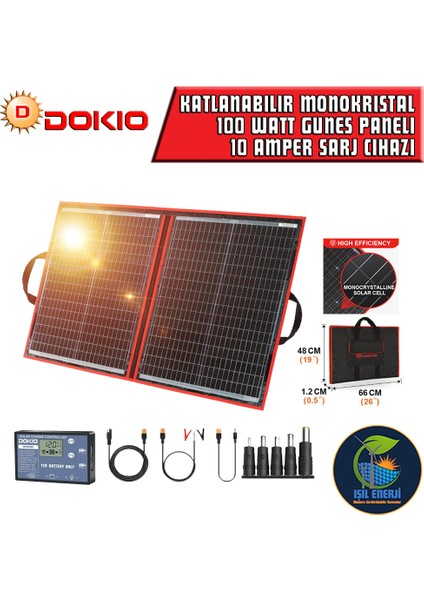 Dokıo 100 Watt Katlanır Portatif Monokrıstal Güneş Paneli 10 Amper Şarj Cihazı Adaptörleri