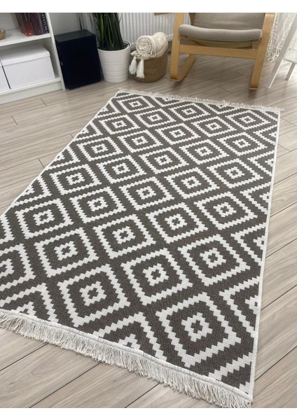 Bej-Krem Kilim Çift Taraflı Modern Desenli Yıkanabilir Pamuklu Dokuma Kilim