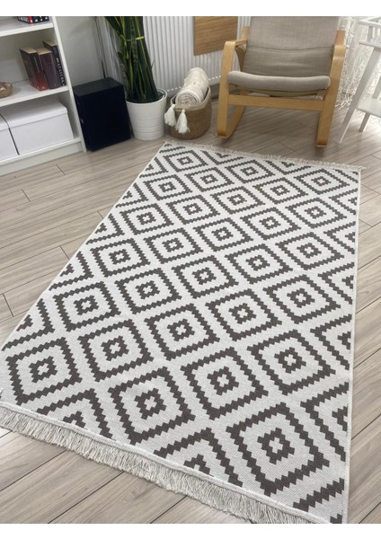 Bej-Krem Kilim Çift Taraflı Modern Desenli Yıkanabilir Pamuklu Dokuma Kilim fiyatları