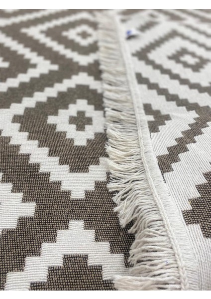 Bej-Krem Kilim Çift Taraflı Modern Desenli Yıkanabilir Pamuklu Dokuma Kilim indirimleri