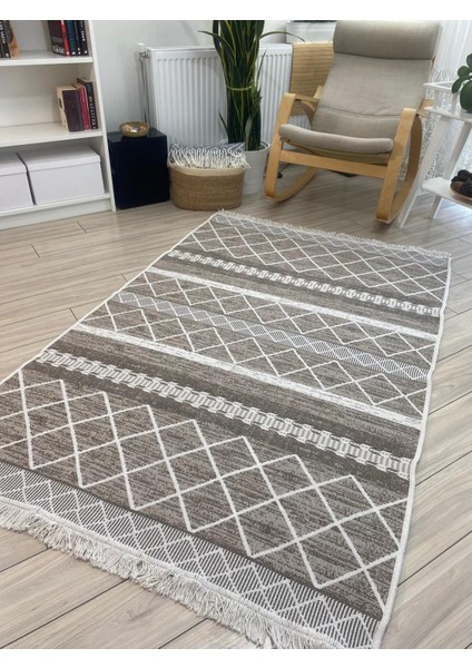 Kilim Çift Taraflı Dokuma Kilim Yıkanabilir Pamuk Dokuma Modern Desenli Kilim Bej-Krem