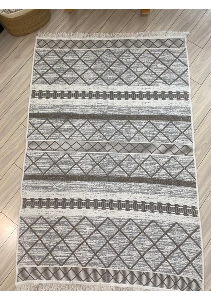 Kilim Çift Taraflı Dokuma Kilim Yıkanabilir Pamuk Dokuma Modern Desenli Kilim Bej-Krem