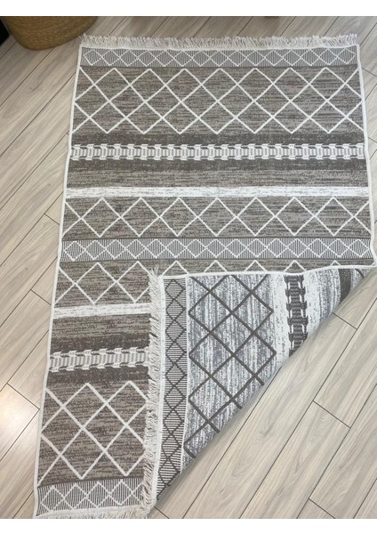 Kilim Çift Taraflı Dokuma Kilim Yıkanabilir Pamuk Dokuma Modern Desenli Kilim Bej-Krem