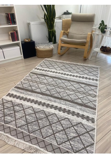 Kilim Çift Taraflı Dokuma Kilim Yıkanabilir Pamuk Dokuma Modern Desenli Kilim Bej-Krem