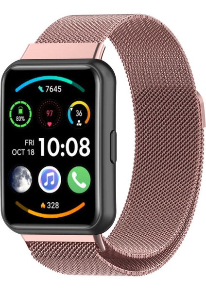 Huawei Watch Fit 2 Uyumlu Kordon Hasır Metal Mıknatıslı Örgü Zore Krd-01 Kayış, Pembe