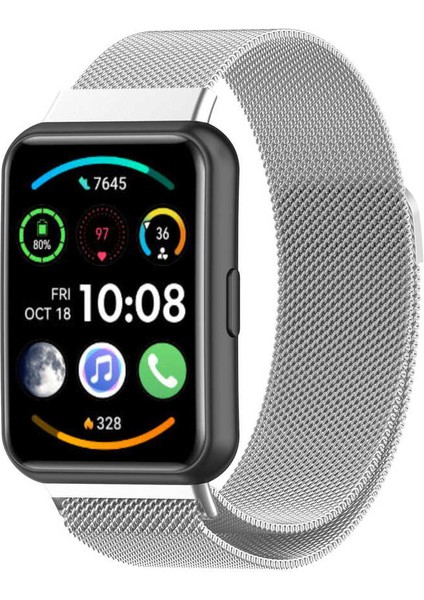Huawei Watch Fit 2 Uyumlu Kordon Hasır Metal Mıknatıslı Örgü Zore Krd-01 Kayış, Gümüş