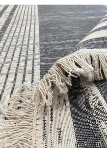 Kilim Çift Taraflı Dokuma Kilim Modern Desenli Yıkanabilir Pamuklu Dokuma Lüks Kilim Gri-Beyaz