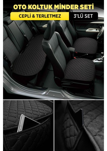 Tay Tüyü Cepli & Terletmez Oto Koltuk Minder Seti - Koltuk Koruma Kılıfı (3'lü Set) Siyah-Siyah